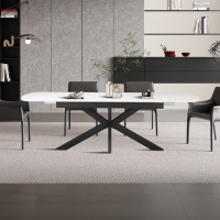 Table extensible rectangulaire en pierre fritt&eacute;e blanc pieds en m&eacute;tal noir 180-220 cm