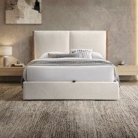 Lit double en tissu beige et bois avec coffre 140x190 cm