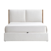 Lit double en tissu beige et bois avec coffre 160x200 cm