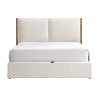 Lit double en tissu beige et bois avec coffre 160x200 cm
