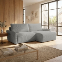 Canap&eacute; d'angle convertible et r&eacute;versible avec coffre en tissu gris clair