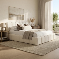 Lit double en tissu bouclette beige avec coffre 160x200 cm