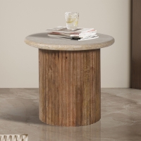 Table d'appoint en travertin et bois de manguier 50 cm