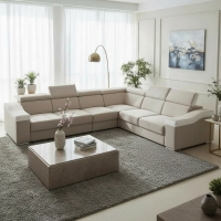 Canap&eacute; d&rsquo;angle convertible r&eacute;versible en tissu velours beige et simili cuir blanc