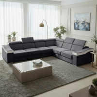 Canap&eacute; d&rsquo;angle convertible r&eacute;versible en tissu velours gris et simili cuir blanc