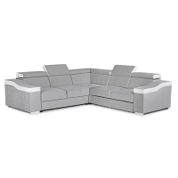 Canap&eacute; d&rsquo;angle convertible r&eacute;versible en velours gris clair et simili cuir blanc