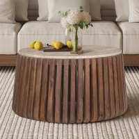 Table basse en travertin et bois de manguier 70 cm