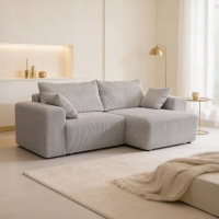 Canap&eacute; d'angle convertible et r&eacute;versible en velours c&ocirc;tel&eacute; gris clair