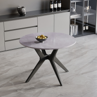 Table &agrave; manger ronde pierre fritt&eacute;e gris pi&egrave;tement en m&eacute;tal noir