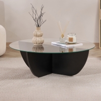Table basse en verre pi&egrave;tement couleur bois noir D90 cm