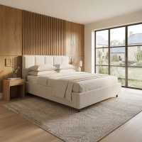 Lit double en tissu beige avec coffre 140x190 cm