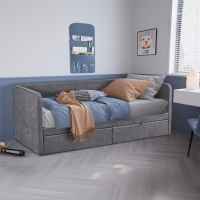 Lit simple en tissu gris avec 2 tiroirs 90x200 cm