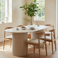 Table &agrave; manger ovale en granite couleur travertin 180 cm