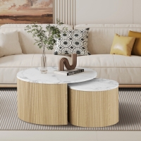 Lot de 2 tables basses rondes gigognes couleur marbre et bois