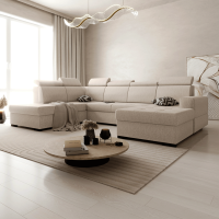 Canapé panoramique convertible avec coffre en tissu beige - Angle droit
