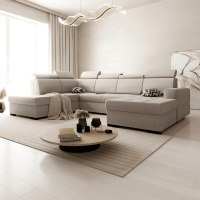 Canapé panoramique convertible avec coffre en tissu taupe - Angle droit