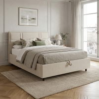 Lit double en tissu beige avec coffre 140x190 cm