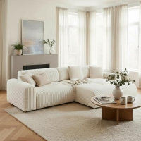 Canap&eacute; d'angle en velours gros c&ocirc;tel&eacute; blanc &eacute;cru - Angle droit