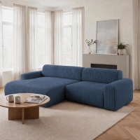 Canap&eacute; d'angle en velours gros c&ocirc;tel&eacute; bleu - Angle gauche