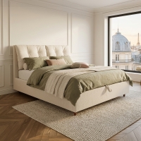 Lit double en tissu beige avec coffre 160x200 cm