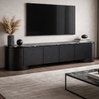 Meuble TV 4 portes plateau en marbre d'ing&eacute;nierie noir et blanc