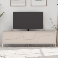 Meuble TV 4 portes &agrave; moulures beige pieds en m&eacute;tal beige