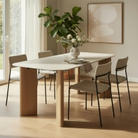 Table &agrave; manger rectangulaire en c&eacute;ramique beige pieds couleur ch&ecirc;ne 180 cm