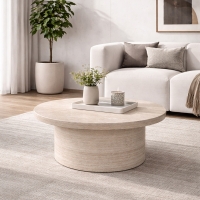 Table basse ronde plateau en marbre d'ing&eacute;nierie couleur bois