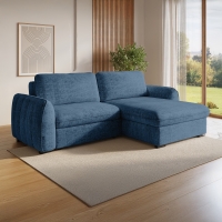 Canapé d'angle convertible et réversible avec coffre en velours chiné bleu