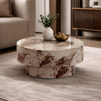 Table basse ronde en marbre d'ing&eacute;nierie beige et marron D70 cm