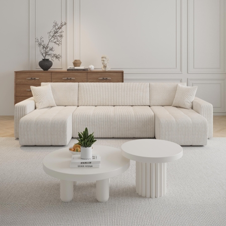Canapé panoramique convertible avec coffre en velours côtelé beige
