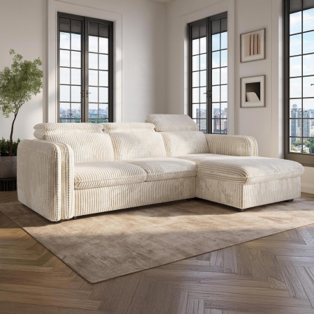 Canapé d'angle convertible en velours côtelé épais beige- Angle droit