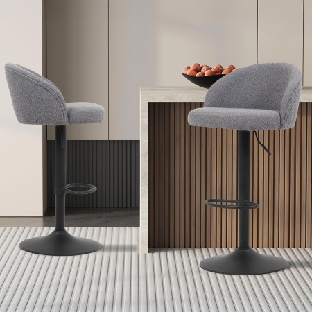 Lot de 2 tabourets en tissu bouclette gris clair piètement métal noir