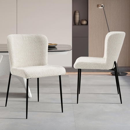 Lot de 2 chaises tissu bouclette blanc écru piètement métal noir