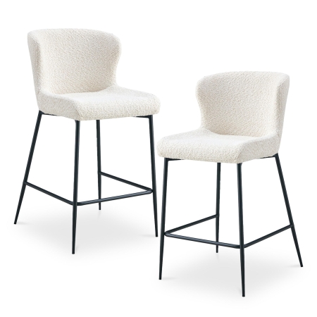 Lot de 2 tabourets tissu bouclette blanc écru piètement métal noir