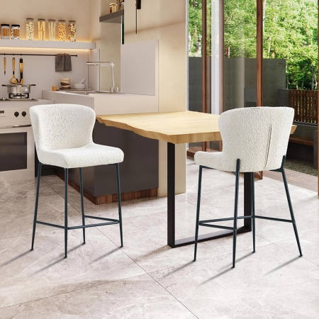 Lot de 2 tabourets tissu bouclette blanc écru piètement métal noir