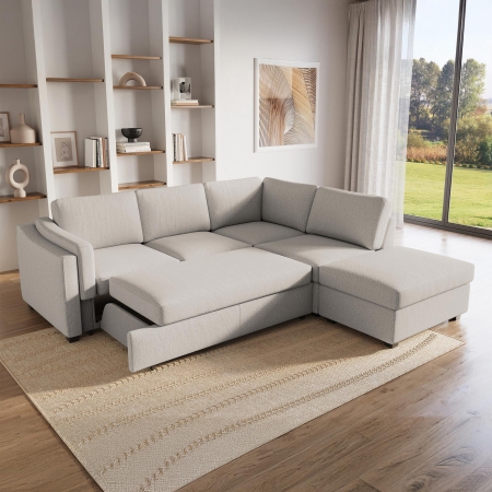 Canapé d'angle convertible avec coffre en tissu beige - Angle droit