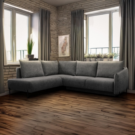 Canapé d'angle convertible avec coffre en tissu gris - Angle gauche