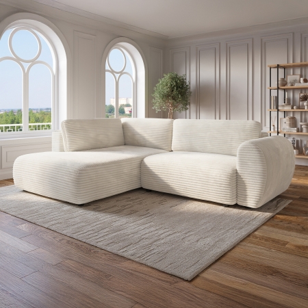 Canapé d'angle convertible et coffre velours côtelé épais beige - Angle gauche