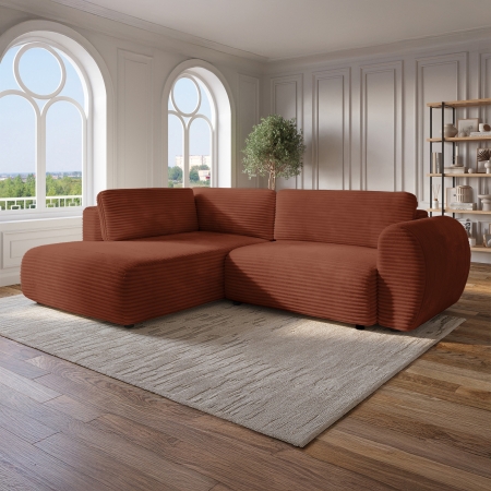 Canapé d'angle convertible et coffre velours côtelé épais terracotta - Angle gauche