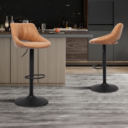Lot de 2 tabourets effet simili cuir orange piètement ajustable métal noir