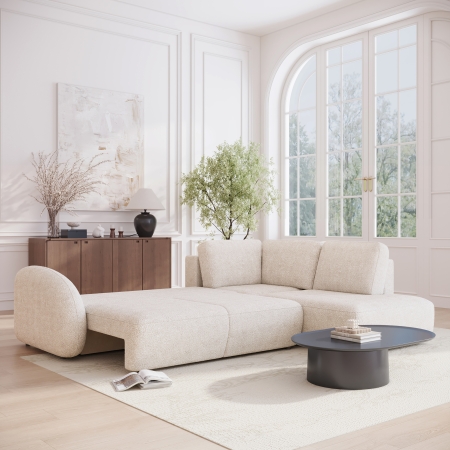 Canapé d'angle convertible avec coffre en tissu bouclette beige - Angle droit