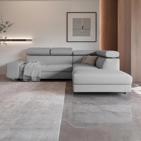 Canapé d'angle convertible avec coffre en tissu gris clair - Angle droit