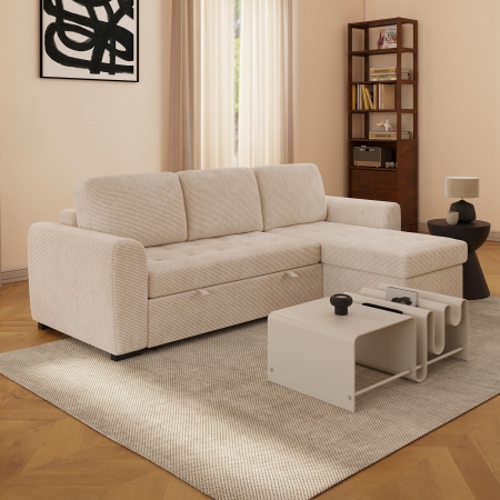 Canapé d'angle réversible convertible avec coffre en velours côtelé beige