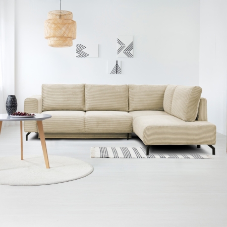 Canapé d'angle convertible avec coffre en velours côtelé beige - Angle droit
