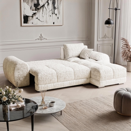 Canapé d'angle convertible avec coffre en tissu beige - Angle droit