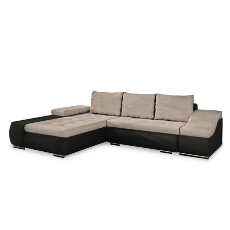 Canapé d’angle convertible coffre de rangement en tissu beige et simili noir – Angle Gauche