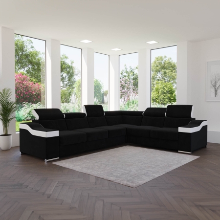 Canapé d’angle convertible réversible en tissu noir et simili blanc