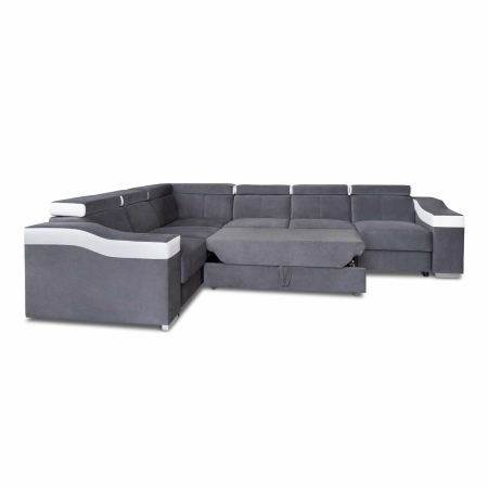 Canapé d’angle convertible réversible en tissu velours gris et simili cuir blanc