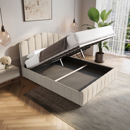 Lit coffre 140x190 cm en velours beige